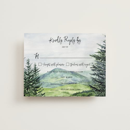 This is a forest rsvp postcards by Elly called into the woods printing on signature in postcard