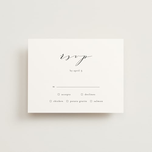 This is a tuxedo rsvp postcards by Phrosné Barwood called simple elegance printing on signature in postcard