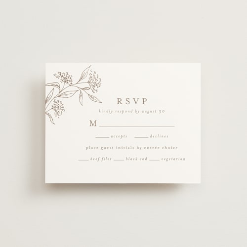 This is a taupe rsvp postcards by Chris Griffith called monogrammed printing on signature in postcard