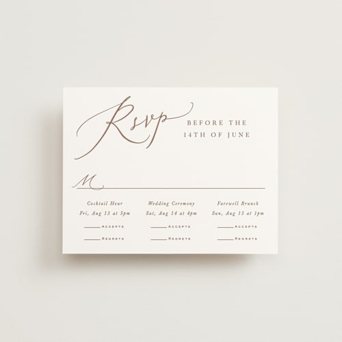 This is a pearl rsvp cards with standard by Hooray Creative called luxe script printing on signature in standard