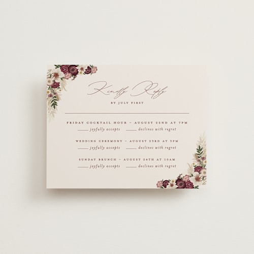 This is a cabernet rsvp cards with standard by Erin Deegan called dried floral wreath printing on signature in standard