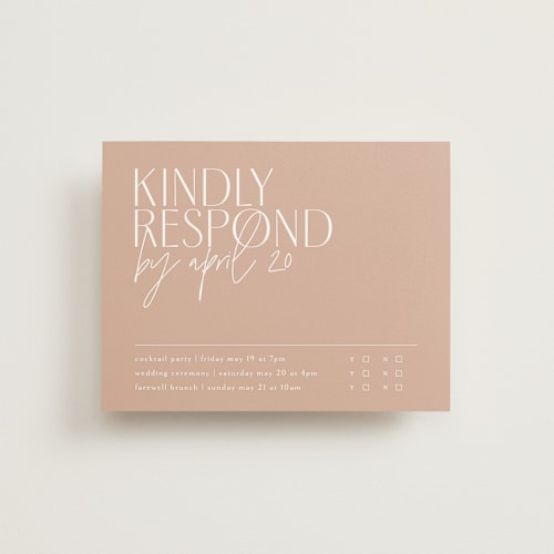 This is a terracotta rsvp cards with standard by Kelly Schmidt called overlap printing on signature in standard