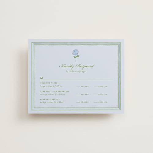 This is a coastal rsvp cards with standard by Madhvi Samimi called hydrangea vines printing on signature in standard