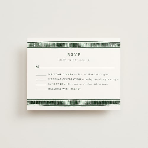 This is a fern rsvp cards with standard by Katharine Watson called block print frame printing on signature in standard