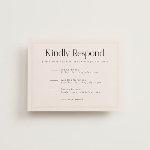 This is a cream rsvp cards with standard by Inkblot Design called happy in love printing on signature in standard