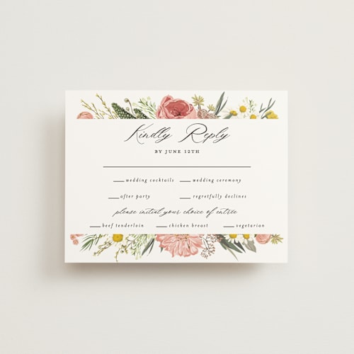 This is a blush rsvp cards with standard by Susan Moyal called organic florals printing on signature in standard