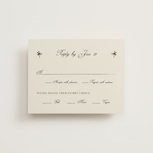 This is a ivory rsvp cards with standard by Ani Somi called milagro printing on signature in standard