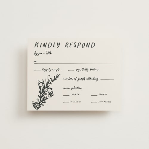 This is a ink rsvp cards with standard by Kelly Watkins called botanical crest printing on signature in standard