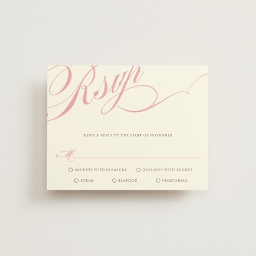 This is a petal pink rsvp cards with standard by Annie Clark called winter flourish printing on signature in standard