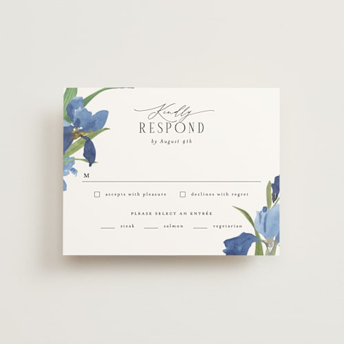This is a natural rsvp cards with standard by Everett Paper Goods called irises printing on signature in standard
