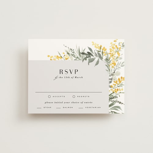 This is a dandelion rsvp cards with standard by Everett Paper Goods called mimosa printing on signature in standard