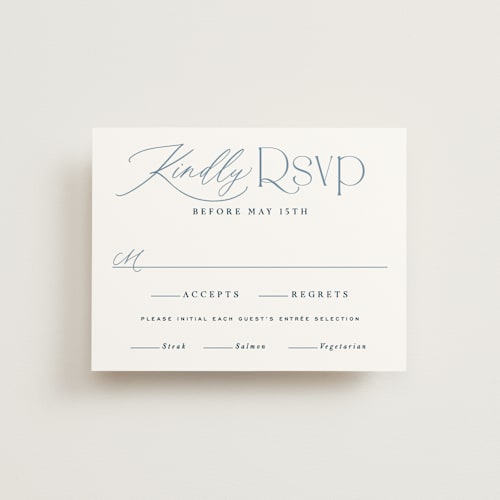 This is a navy rsvp cards with standard by Hooray Creative called modern romance printing on signature in standard