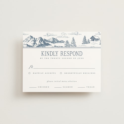 This is a denim rsvp cards with standard by Jenna Holcomb called aspen toile printing on signature in standard