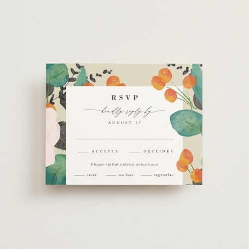 This is a wheat rsvp cards with standard by Keen Peachy called floral splash printing on signature in standard
