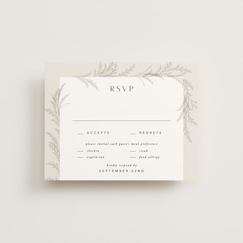 This is a eggshell rsvp cards with standard by Robert and Stella called etched frame printing on signature in standard