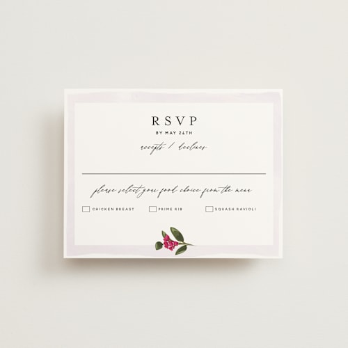 This is a lilac rsvp cards with standard by Susan Moyal called gather printing on signature in standard