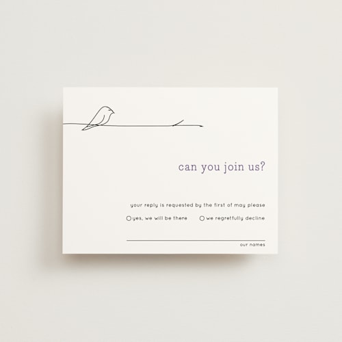 This is a plum rsvp cards with standard by R studio called birds of a feather printing on signature in standard