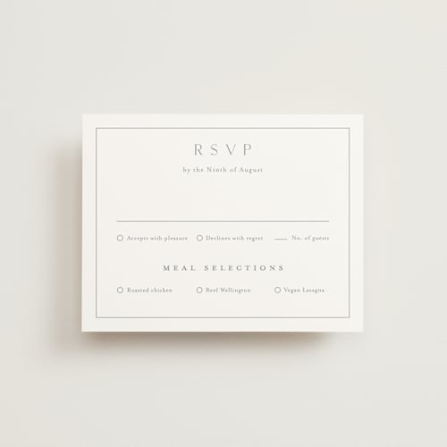 This is a dusty blue rsvp cards with standard by Stacey Meacham called warm affection printing on signature in standard