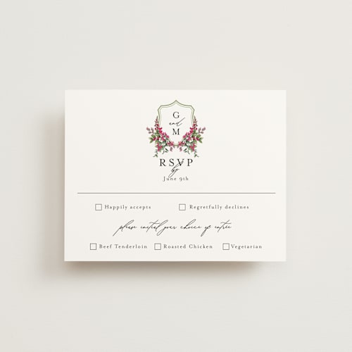This is a peony rsvp cards with standard by Susan Moyal called romantic florals printing on signature in standard