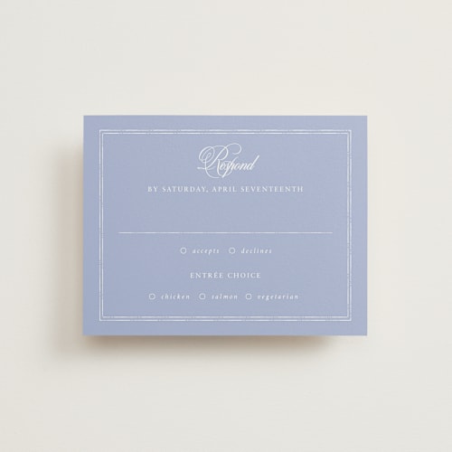 This is a blue mist rsvp cards with standard by Design Lotus called amalfi blue printing on signature in standard