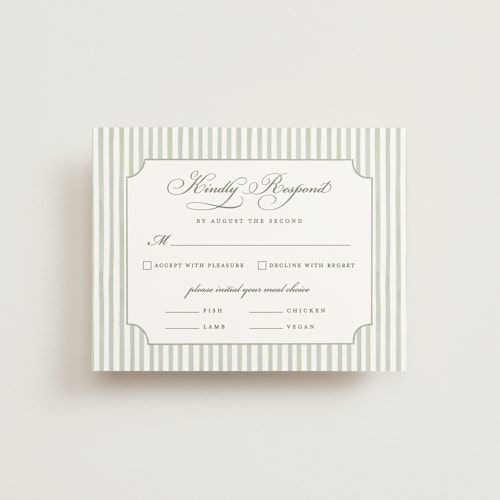 This is a sage rsvp cards with standard by Sarah Knight called greenery crest printing on signature in standard