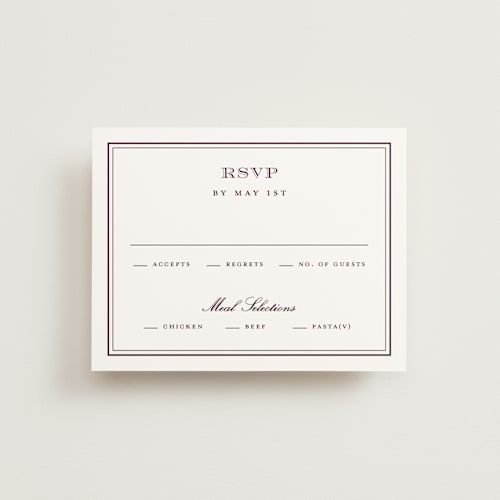 This is a burgundy rsvp cards with standard by Stacey Meacham called engraved names printing on signature in standard
