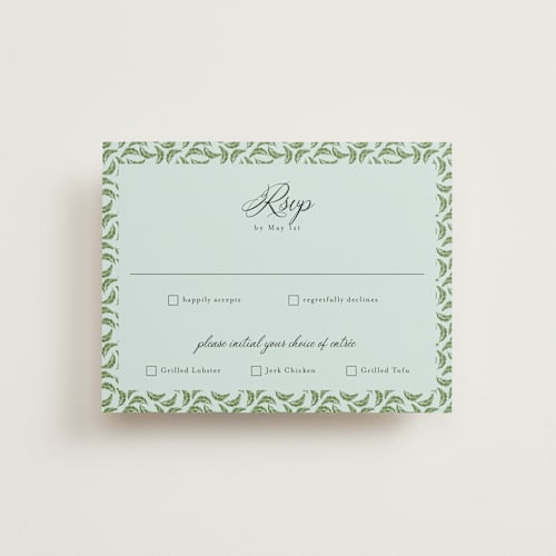 This is a papaya rsvp cards with standard by Susan Moyal called tropical crest printing on signature in standard