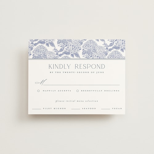 This is a periwinkle rsvp cards with standard by Jenna Holcomb called coastal toile printing on signature in standard