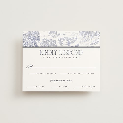 This is a periwinkle rsvp cards with standard by Jenna Holcomb called southern charm toile printing on signature in standard