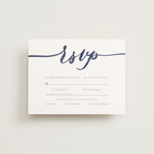 This is a navy rsvp cards with standard by Shannon Chen of Four Wet Feet Studio called love printing on signature in standard