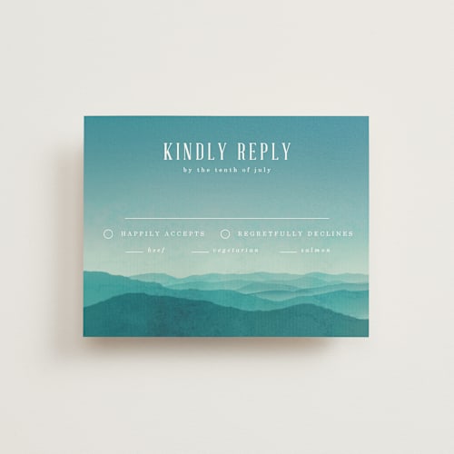 This is a sky rsvp cards with standard by Kelly Schmidt called misty mountain range printing on signature in standard