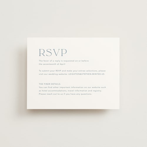 This is a lakeshore blue rsvp cards with standard by Jennifer Postorino called leighton printing on signature in standard