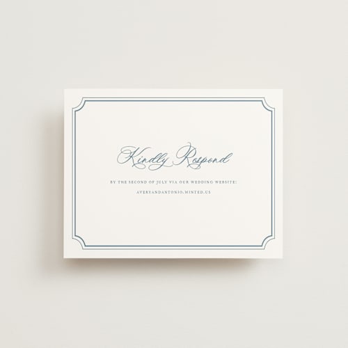 This is a dusty blue rsvp cards with standard by Jennifer Postorino called avery printing on signature in standard