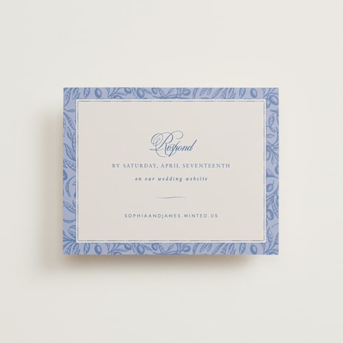 This is a blue mist rsvp cards with standard by Design Lotus called amalfi blue printing on signature in standard