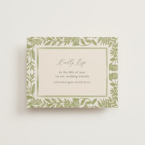 This is a olive rsvp cards with standard by Elly called porcelain floral printing on signature in standard