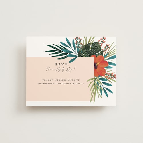 This is a coral rsvp cards with standard by Joanna Griffin called tropical oasis printing on signature in standard