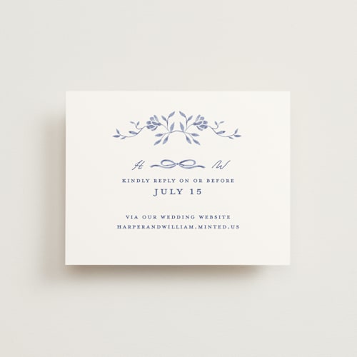 This is a blue willow rsvp cards with standard by Susan Zinader called daisy toile printing on signature in standard