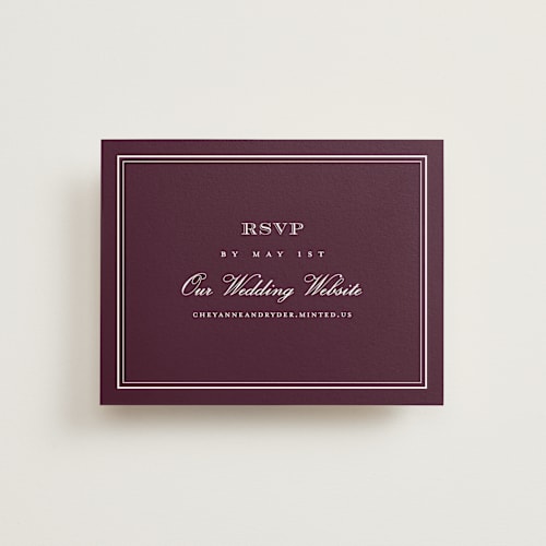 This is a burgundy rsvp cards with standard by Stacey Meacham called engraved names printing on signature in standard