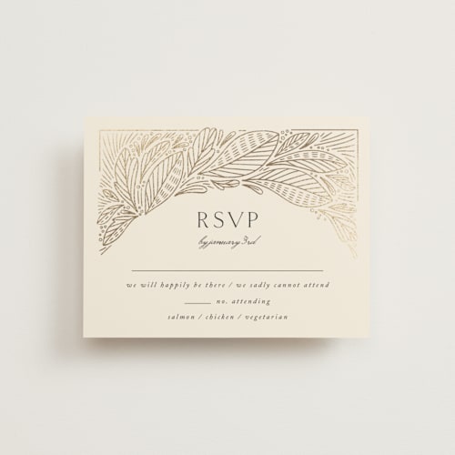 This is a cream rsvp cards with foil pressed by Jen Owens called royalty printing on signature in standard