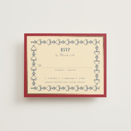 This is a navy rsvp cards with foil pressed by Baumbirdy called woven printing on signature in standard