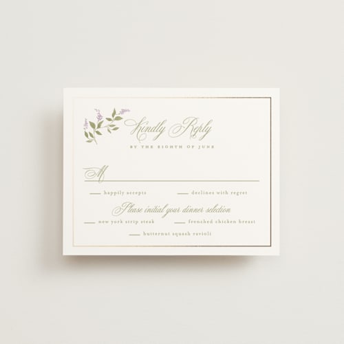 This is a lilac rsvp cards with foil pressed by Kristie Kern called marmont printing on signature in standard