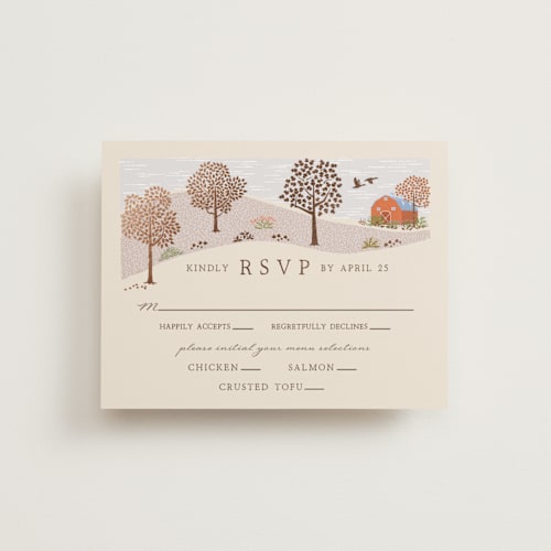 This is a autumnal rsvp cards with foil pressed by Paper Sun Studio called countryside printing on signature in standard