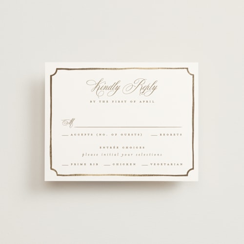 This is a pearl rsvp cards with foil pressed by Leah Bisch called monogram in leaves printing on signature in standard