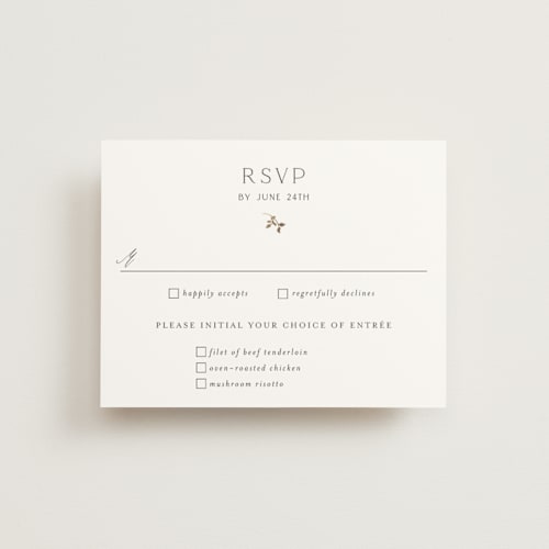 This is a alabaster rsvp cards with foil pressed by Susan Moyal called delicate vine printing on signature in standard