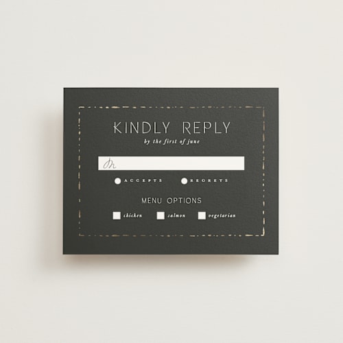 This is a midnight rsvp cards with foil pressed by Leah Bisch called fringe printing on signature in standard