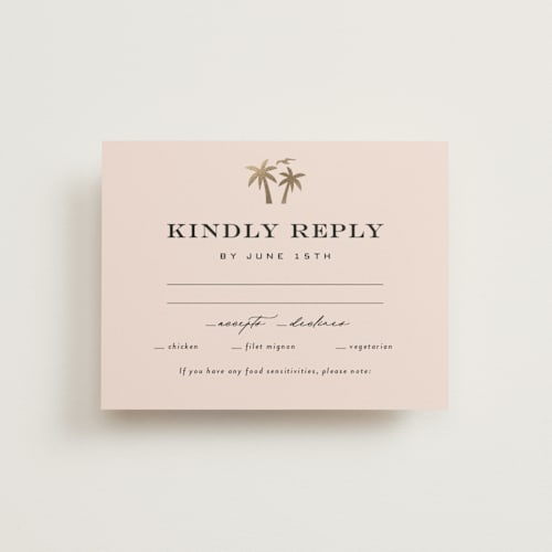 This is a blush rsvp cards with foil pressed by Laura Hamm called tropical getaway printing on signature in standard