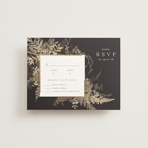 This is a mahogany rsvp cards with foil pressed by Leah Bisch called garden printing on signature in standard