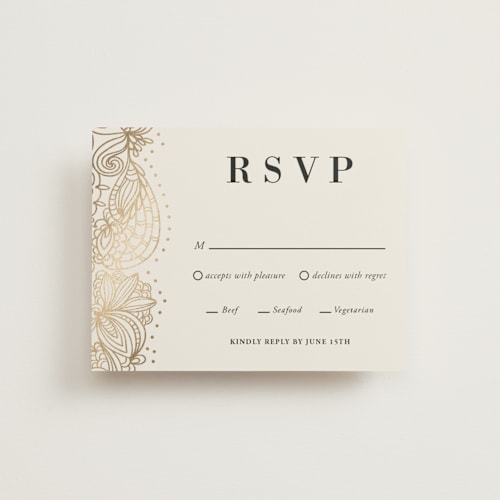 This is a champagne rsvp cards with foil pressed by Oma N. Ramkhelawan called elegant henna printing on signature in standard