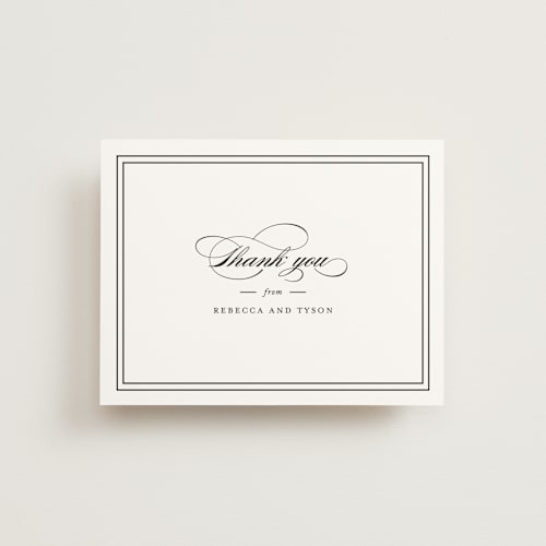This is a vanilla wedding thank you cards with standard by Kimberly FitzSimons called eloquence printing on signature in standard
