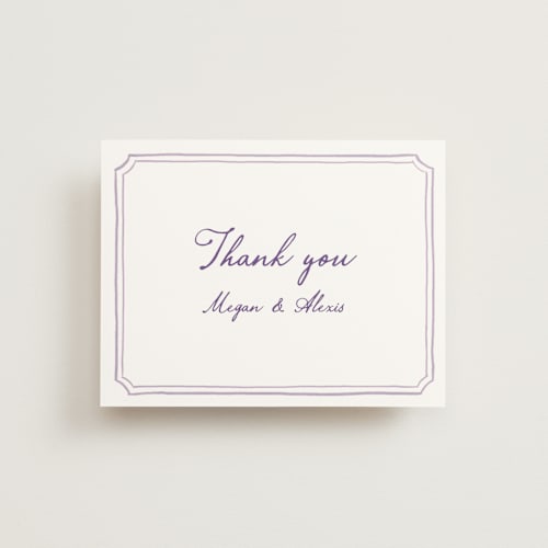 This is a lavender wedding thank you cards with standard by Cass Loh called handwritten printing on signature in standard